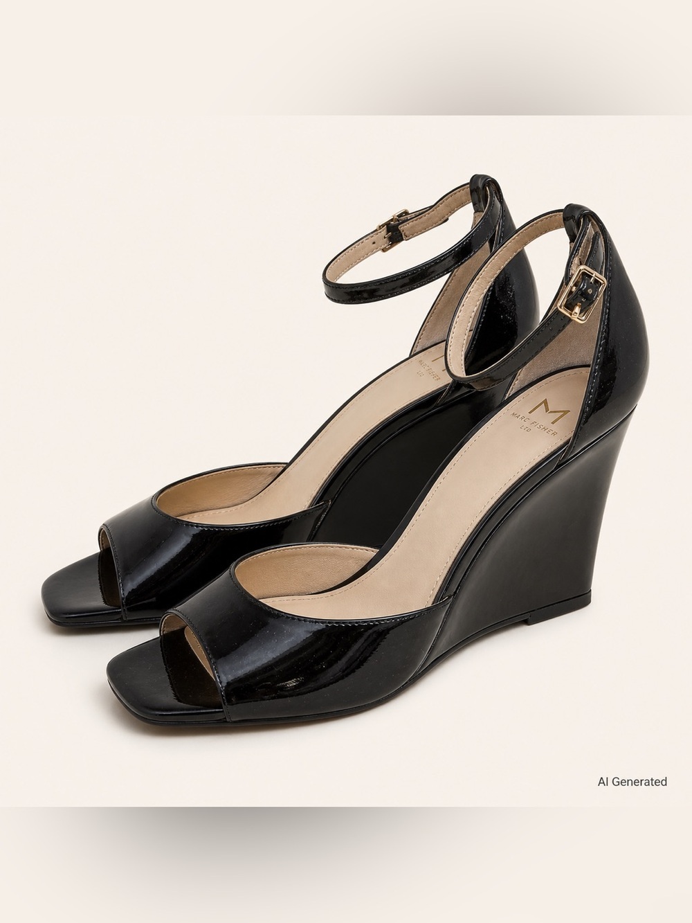Marc Fisher Camira Black Patent Wedge Sandals with Ankle Strap Size 9.5